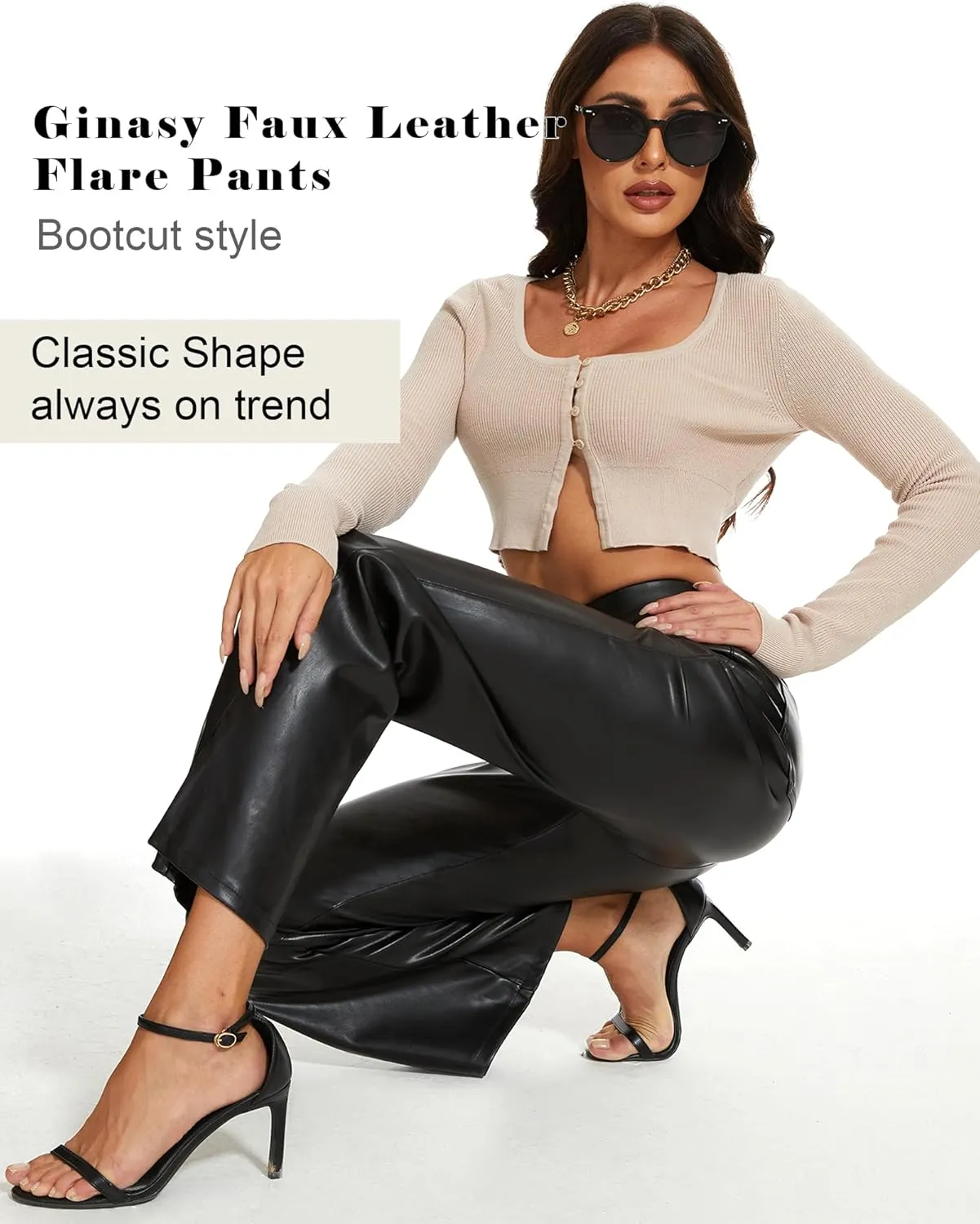 Ginasy Faux Leather Bell Bottom Pants for Women Flare Trousers High Waist Bootcut Pleather Slacks with Pockets