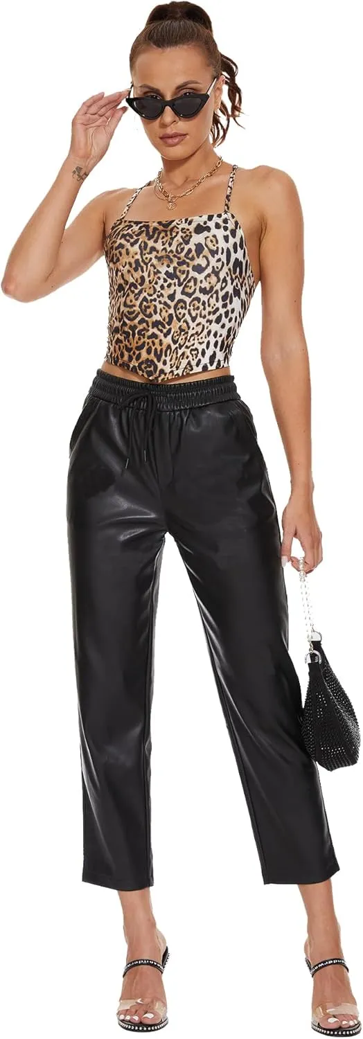 Ginasy Faux Leather Pants for Women High Waist Pleather Jogger Pants Straight Leg Trousers with Pockets