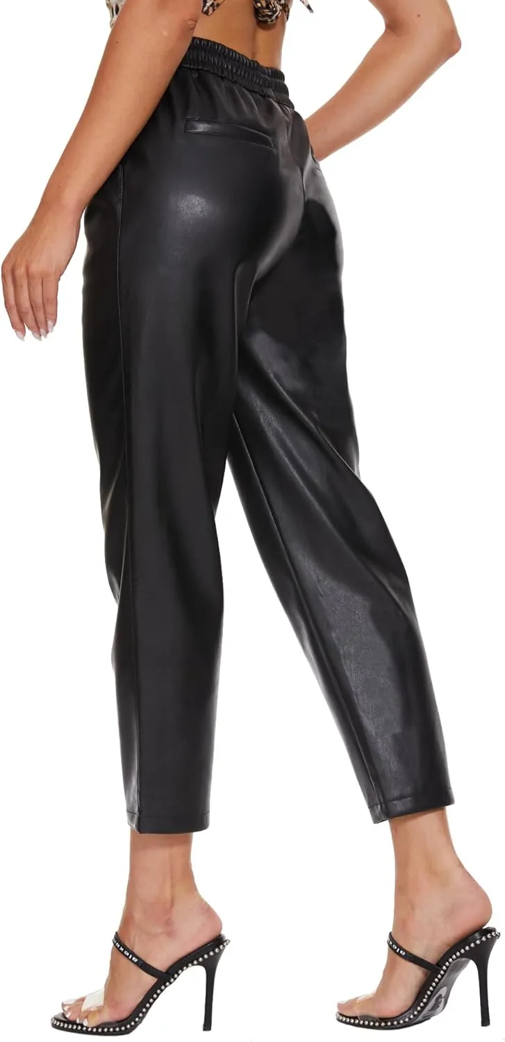 Ginasy Faux Leather Pants for Women High Waist Pleather Jogger Pants Straight Leg Trousers with Pockets