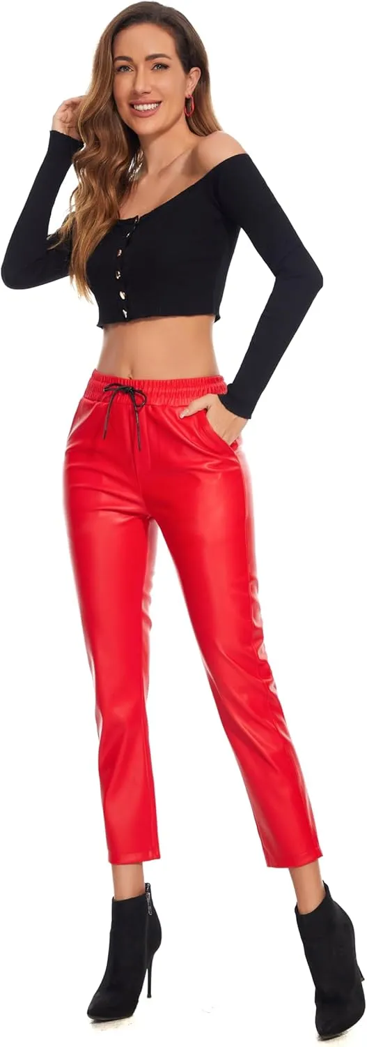 Ginasy Faux Leather Pants for Women High Waist Pleather Jogger Pants Straight Leg Trousers with Pockets