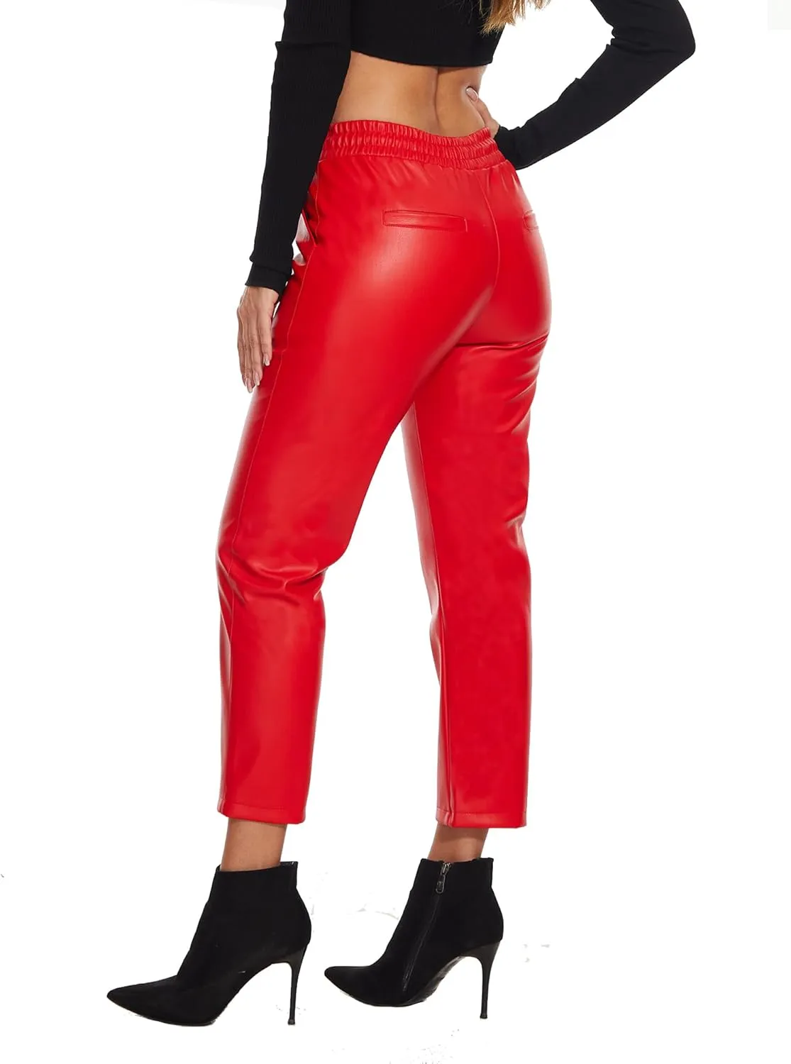 Ginasy Faux Leather Pants for Women High Waist Pleather Jogger Pants Straight Leg Trousers with Pockets