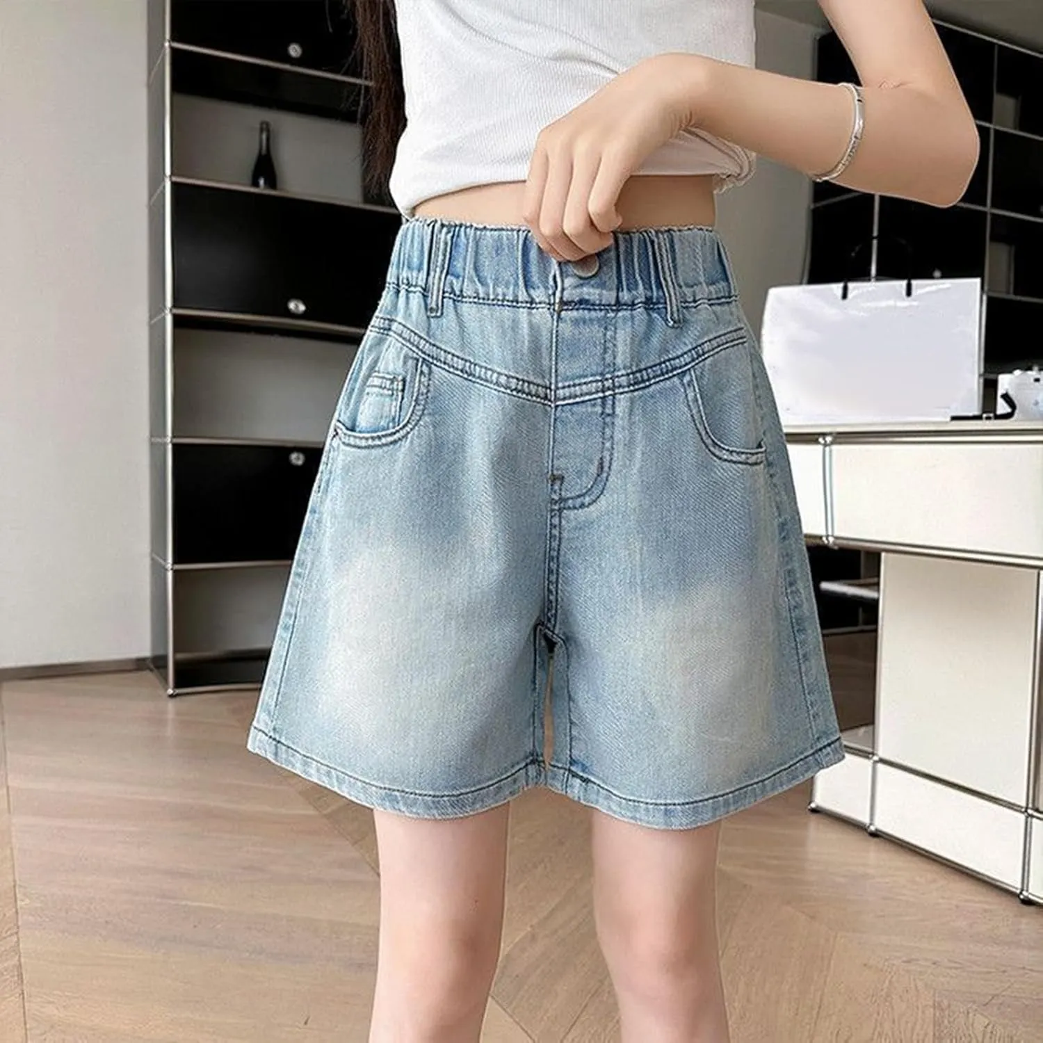 Girls Denim Shorts Vintage Wide Leg Jean Shorts High Waisted Distressed Denim Hot Pants Cute Baggy Jeans Summer Pants