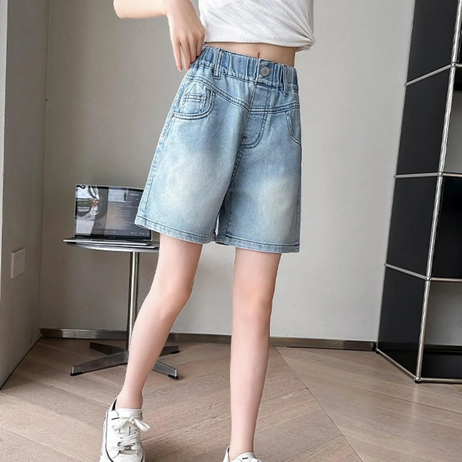 Girls Denim Shorts Vintage Wide Leg Jean Shorts High Waisted Distressed Denim Hot Pants Cute Baggy Jeans Summer Pants