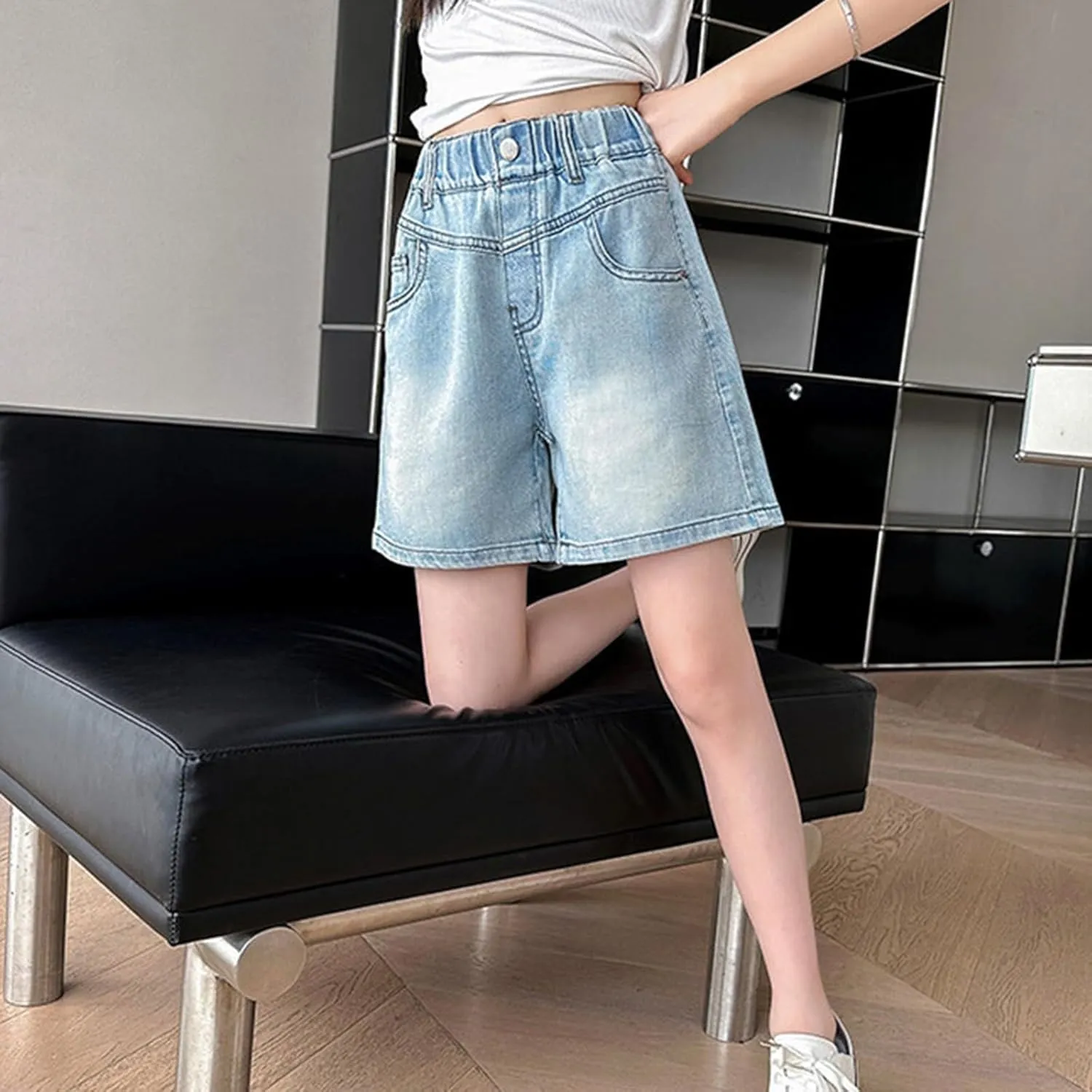Girls Denim Shorts Vintage Wide Leg Jean Shorts High Waisted Distressed Denim Hot Pants Cute Baggy Jeans Summer Pants