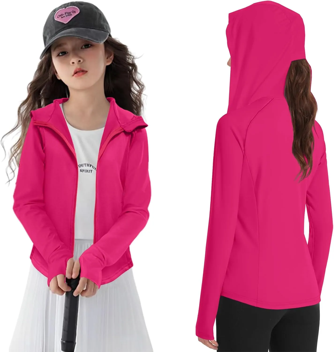 Girls Lightweight Jacket Long Sleeve Zip Up Athletic Hoodie Top UPF50  Fishing Hiking Sun Protection Outwear