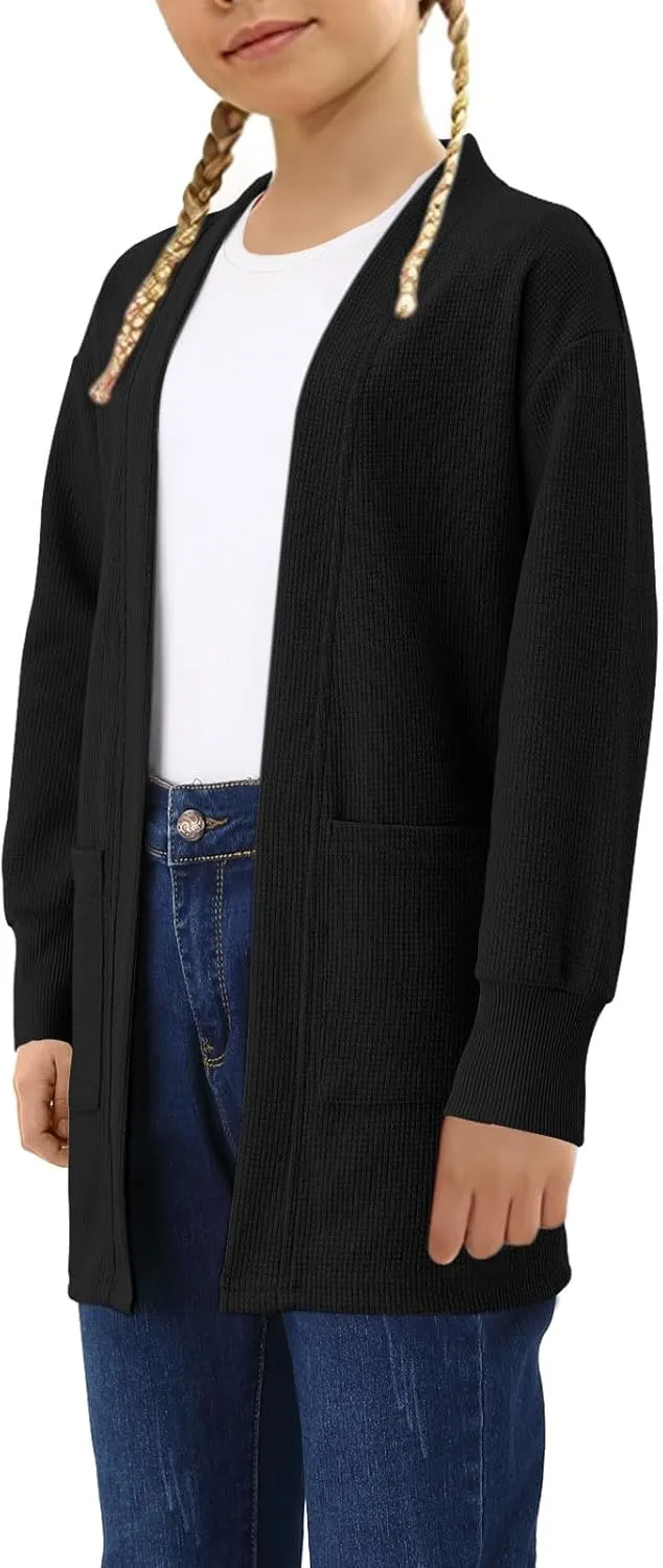 Girls Open Front Cardigan Long Sleeve Casual Fall Winter Loose Knit Sweaters Coat with Pockets