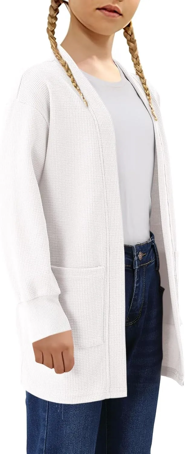Girls Open Front Cardigan Long Sleeve Casual Fall Winter Loose Knit Sweaters Coat with Pockets