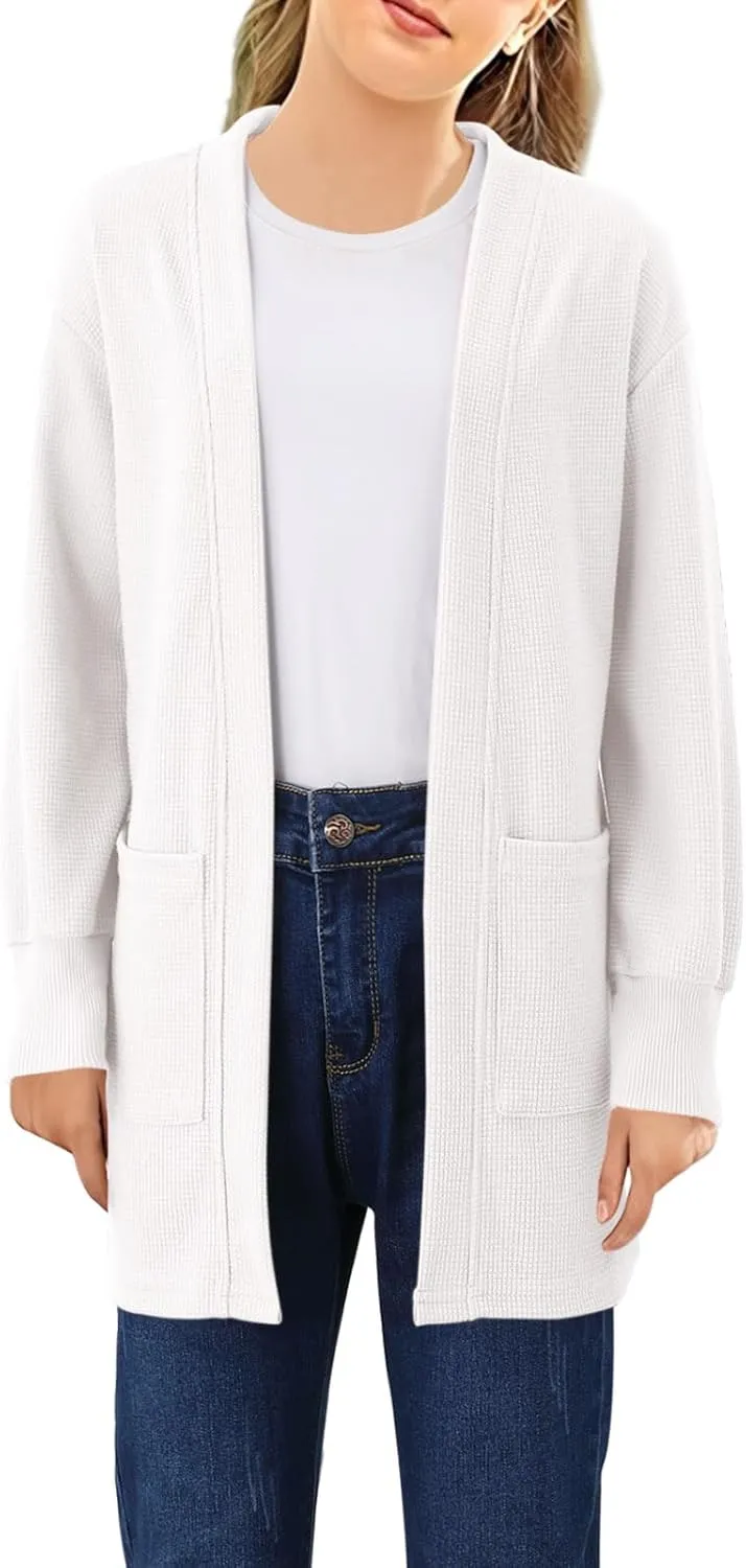 Girls Open Front Cardigan Long Sleeve Casual Fall Winter Loose Knit Sweaters Coat with Pockets