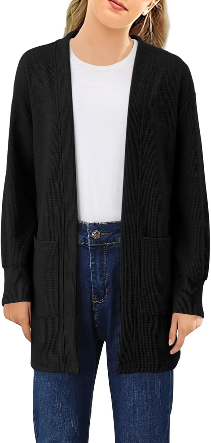Girls Open Front Cardigan Long Sleeve Casual Fall Winter Loose Knit Sweaters Coat with Pockets