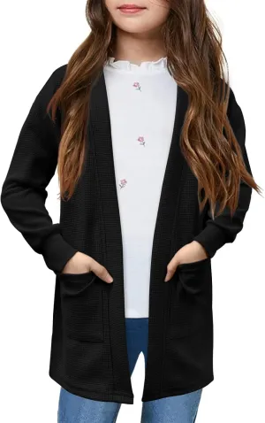 Girls Open Front Cardigan Long Sleeve Casual Fall Winter Loose Knit Sweaters Coat with Pockets