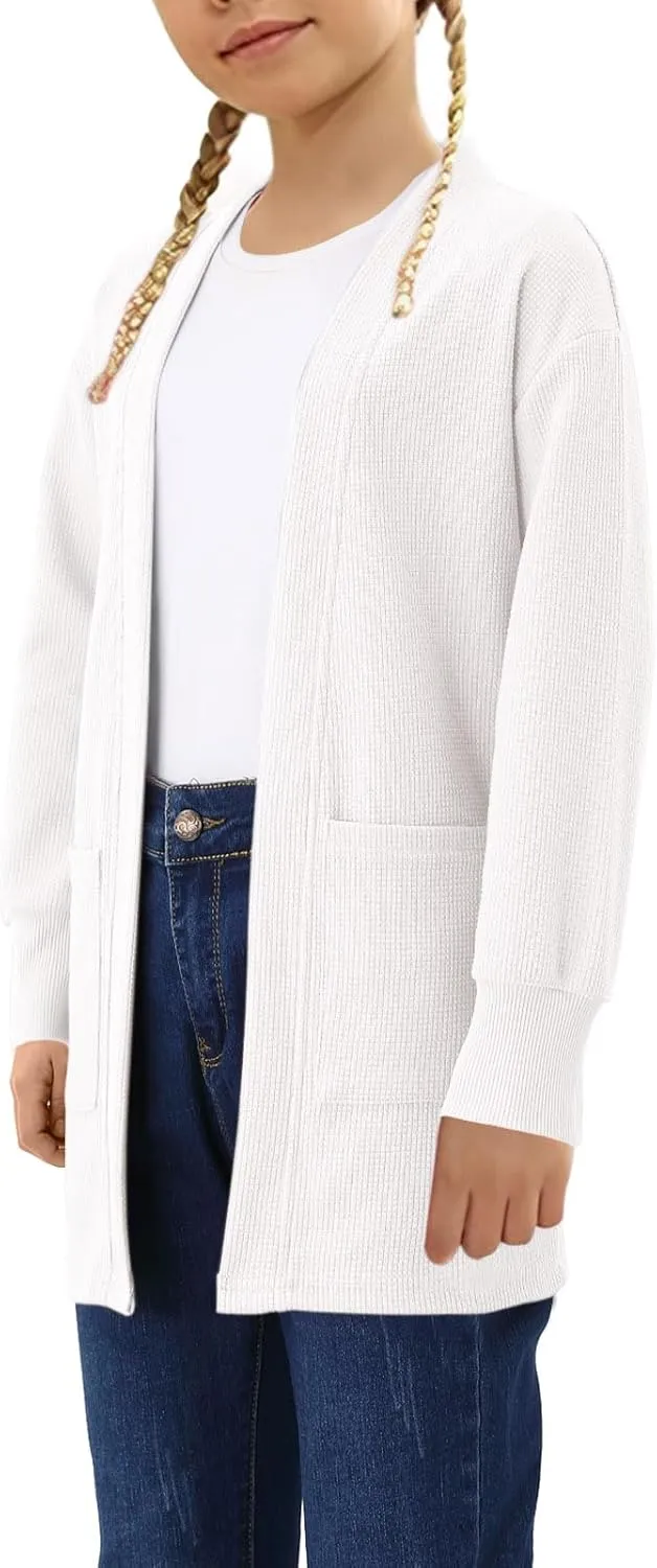 Girls Open Front Cardigan Long Sleeve Casual Fall Winter Loose Knit Sweaters Coat with Pockets