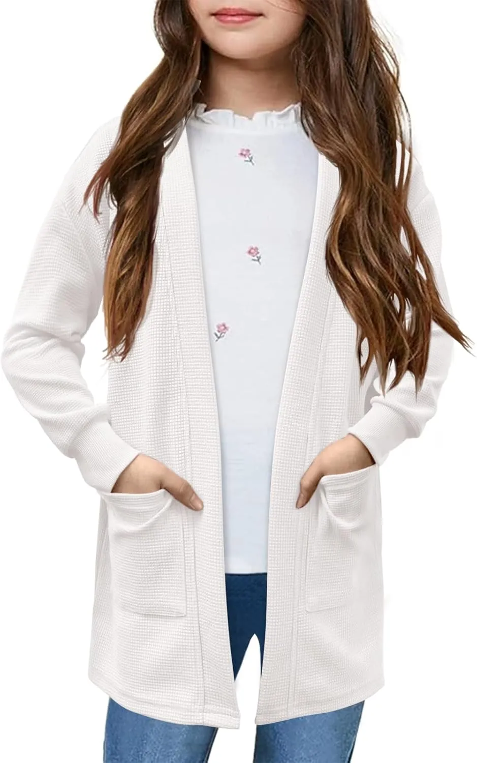 Girls Open Front Cardigan Long Sleeve Casual Fall Winter Loose Knit Sweaters Coat with Pockets