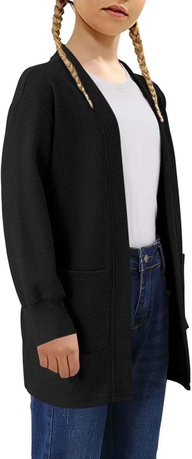 Girls Open Front Cardigan Long Sleeve Casual Fall Winter Loose Knit Sweaters Coat with Pockets