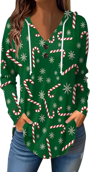 GOFULY Christmas Hoodie Womens Winter Oversized Button Shirt Drawstring Xmas Print Trendy Fall Tunic Tops Christmas Clothes
