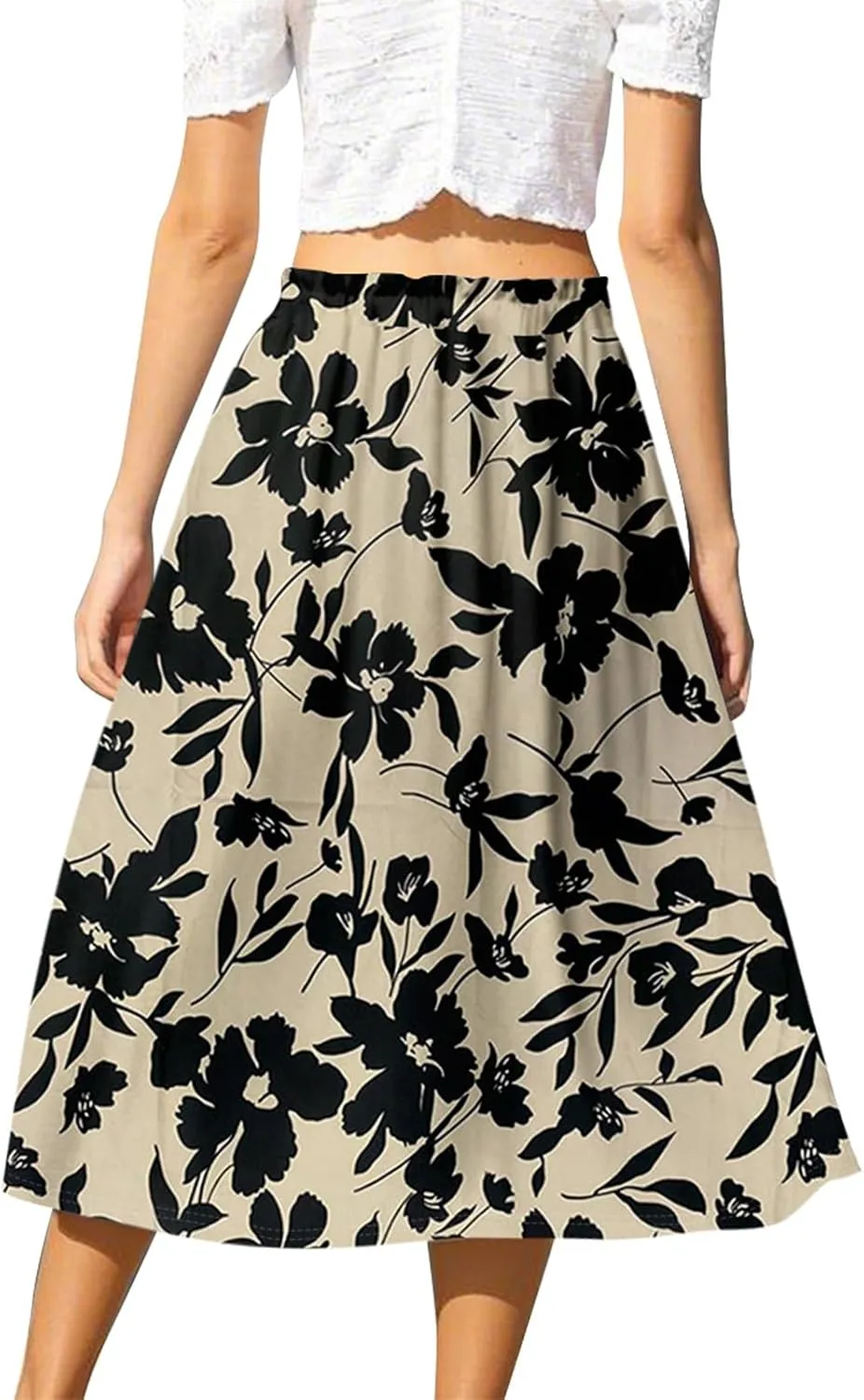 GOFULY Womens Skirts Midi Length Elastic Waist Casual Fall Floral Print A-Line Knee Skirts Drawstring Pleated Skirt