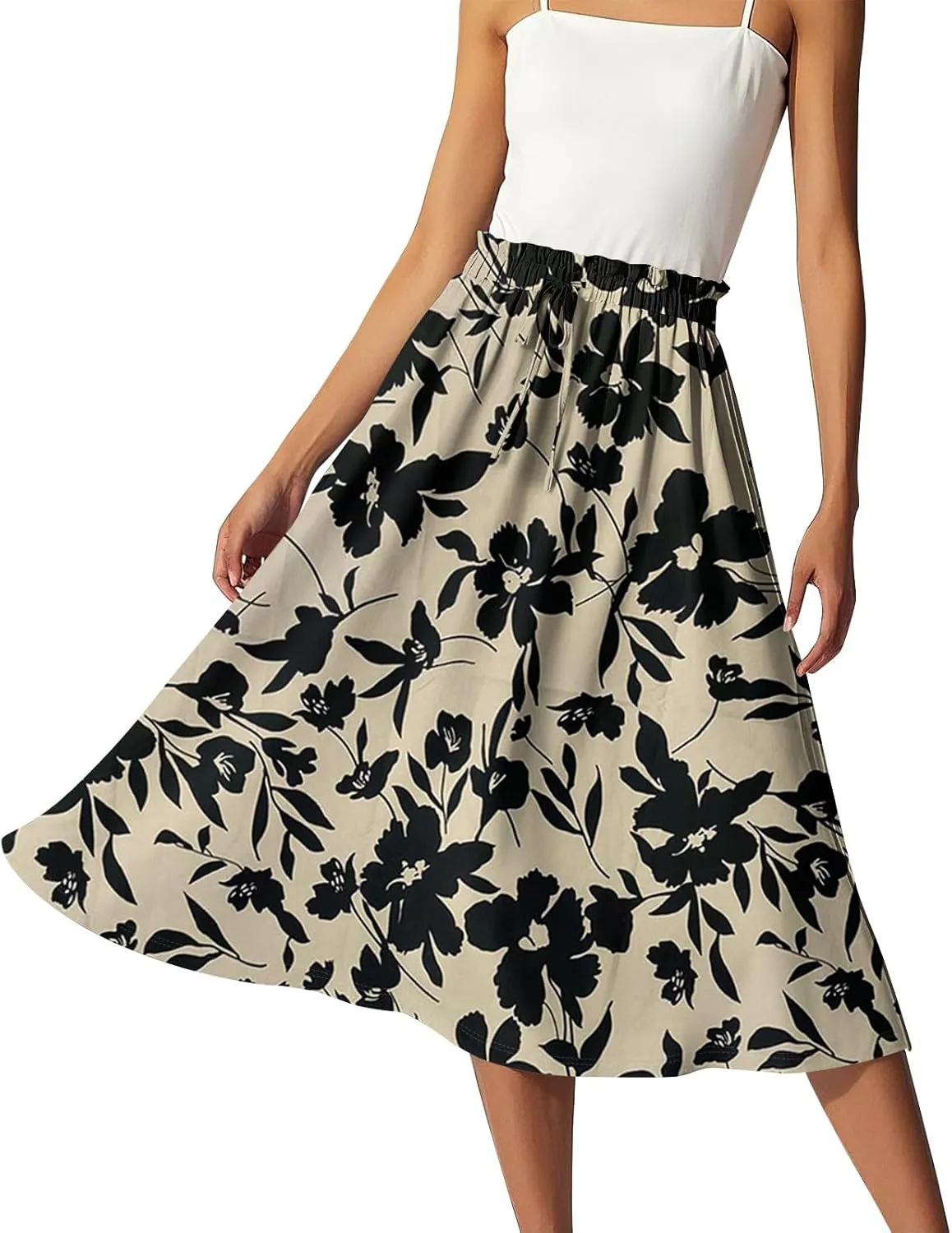 GOFULY Womens Skirts Midi Length Elastic Waist Casual Fall Floral Print A-Line Knee Skirts Drawstring Pleated Skirt