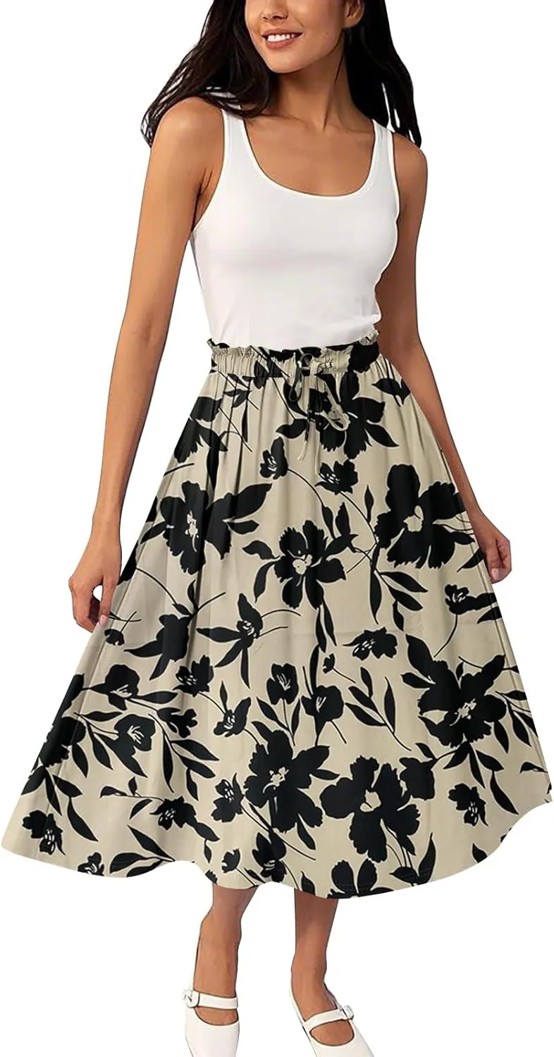 GOFULY Womens Skirts Midi Length Elastic Waist Casual Fall Floral Print A-Line Knee Skirts Drawstring Pleated Skirt