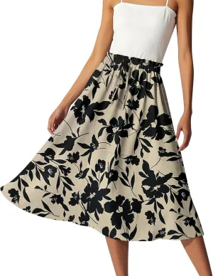 GOFULY Womens Skirts Midi Length Elastic Waist Casual Fall Floral Print A-Line Knee Skirts Drawstring Pleated Skirt