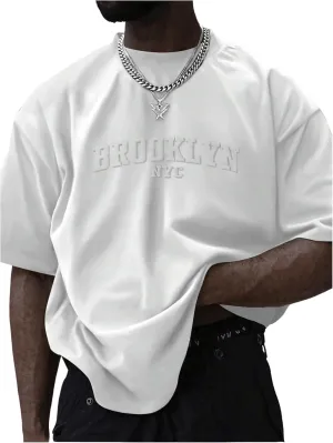GORGLITTER Men's Oversized T Shirt Letter Graphic Short Sleeve Drop Shoulder Crewneck Tee Tops