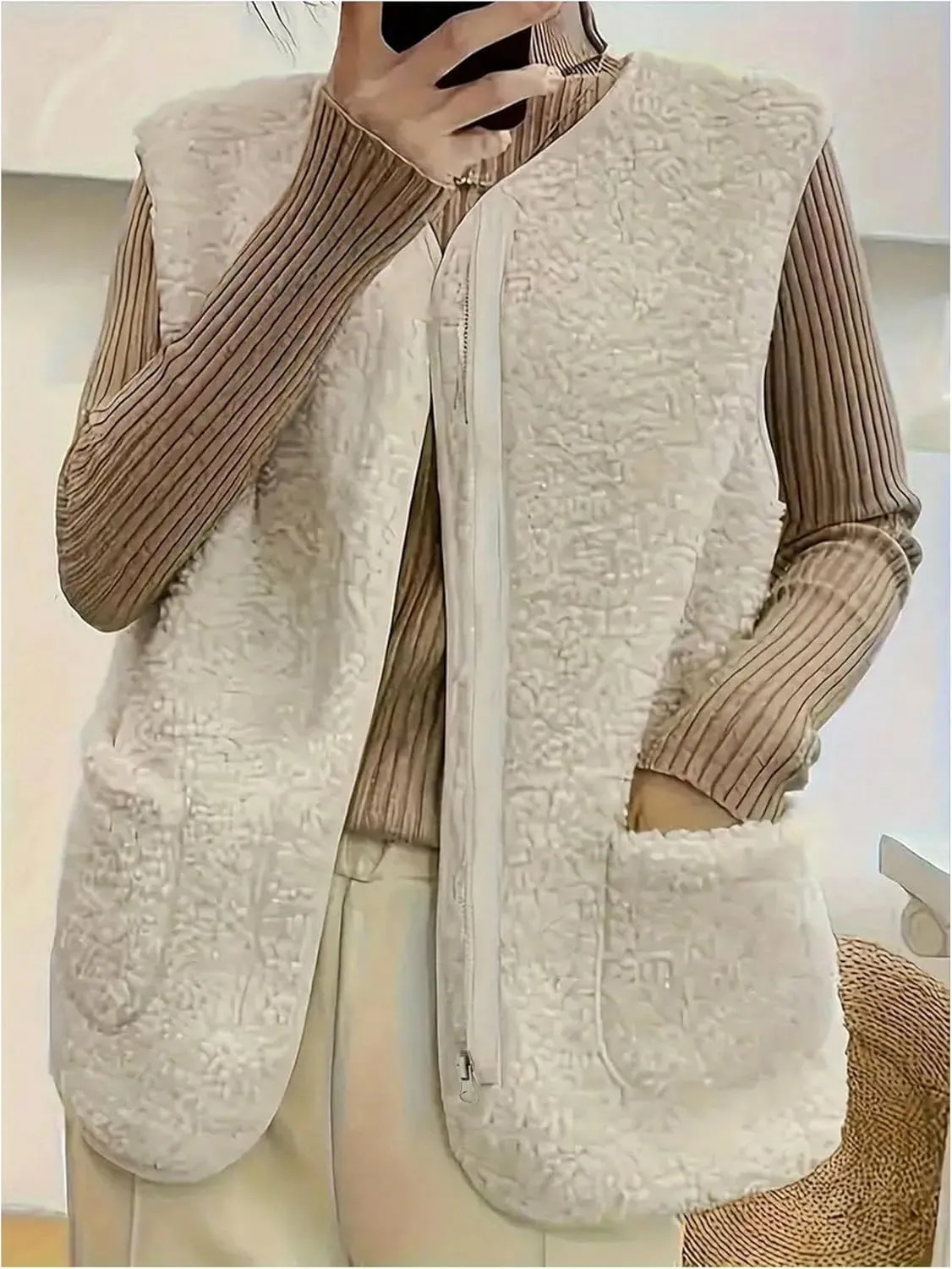 GORGLITTER Women's Fuzzy Vest Outerwear Trendy Fall Fleece Sherpa Vest Sleeveless Old Money Coat Vests