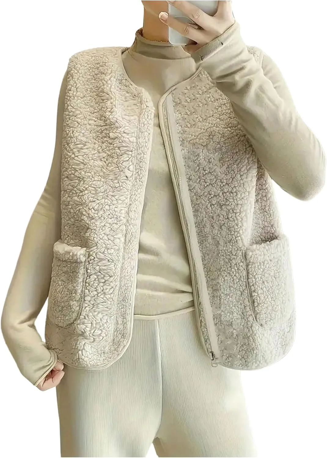 GORGLITTER Women's Fuzzy Vest Outerwear Trendy Fall Fleece Sherpa Vest Sleeveless Old Money Coat Vests