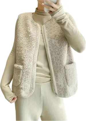 GORGLITTER Women's Fuzzy Vest Outerwear Trendy Fall Fleece Sherpa Vest Sleeveless Old Money Coat Vests