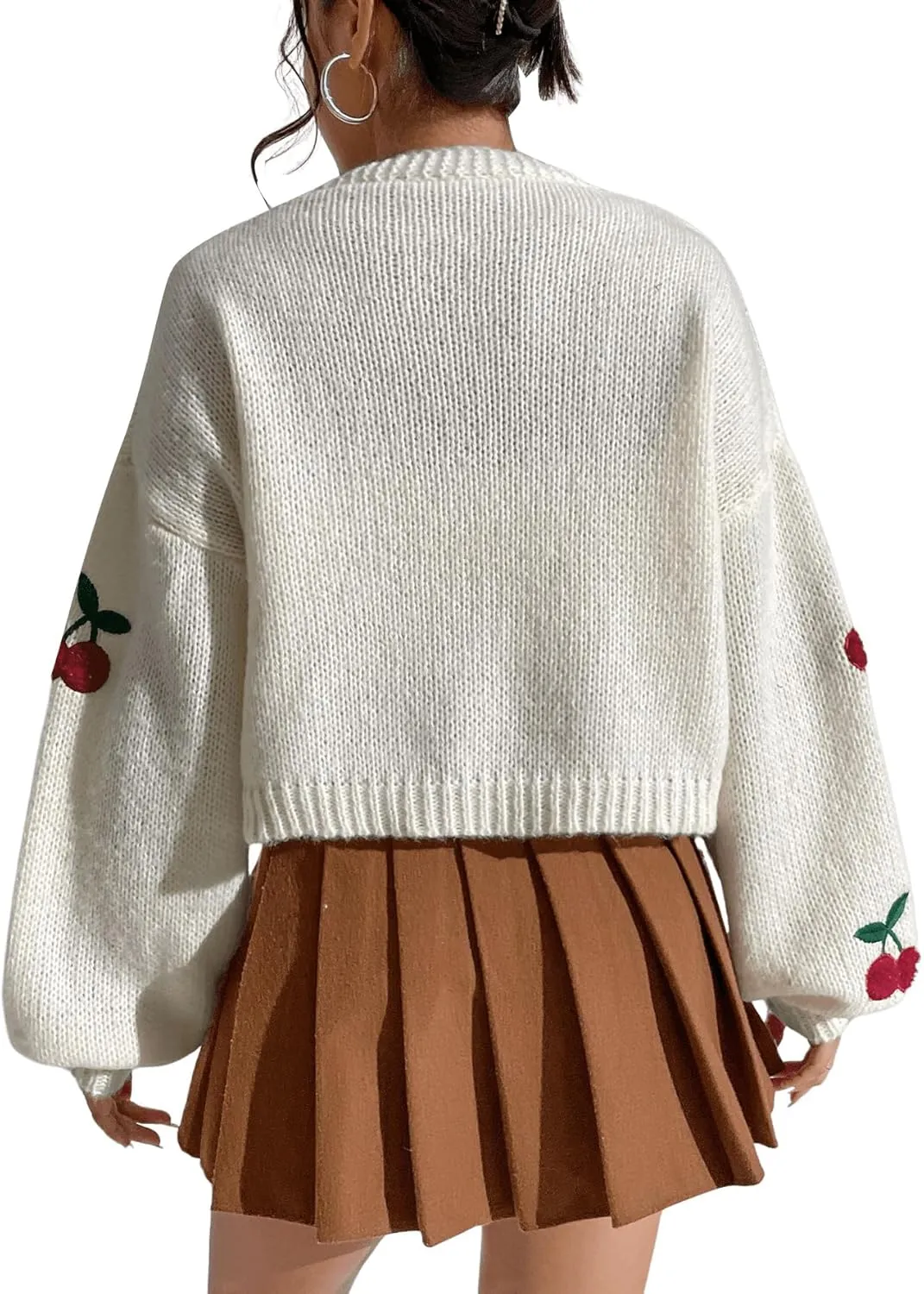 GORGLITTER Women's Graphic Cherry Cardigan Open Front Cable Knit Lantern Sleeve Cropped Cardigan Sweater