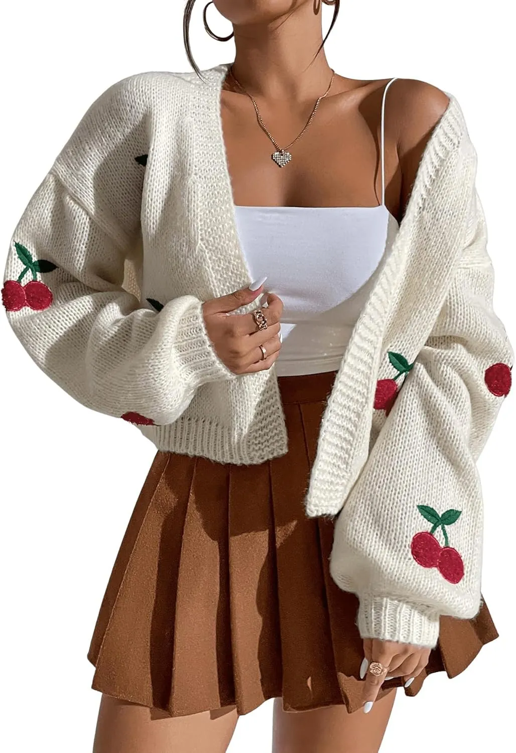 GORGLITTER Women's Graphic Cherry Cardigan Open Front Cable Knit Lantern Sleeve Cropped Cardigan Sweater