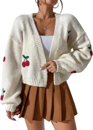 GORGLITTER Women's Graphic Cherry Cardigan Open Front Cable Knit Lantern Sleeve Cropped Cardigan Sweater