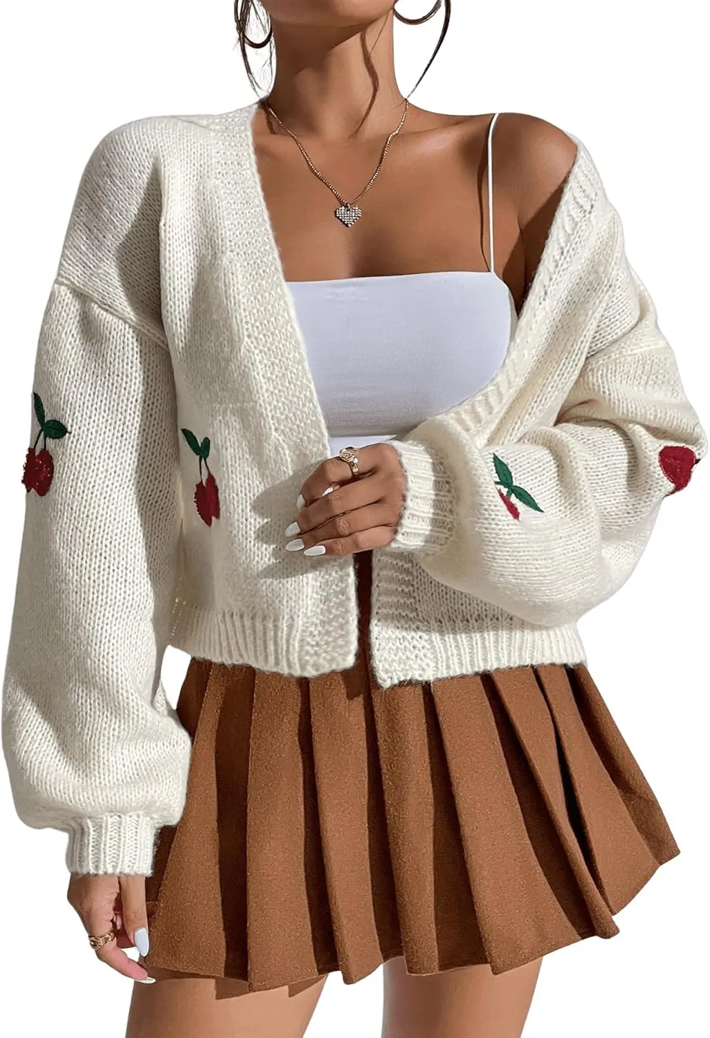 GORGLITTER Women's Graphic Cherry Cardigan Open Front Cable Knit Lantern Sleeve Cropped Cardigan Sweater