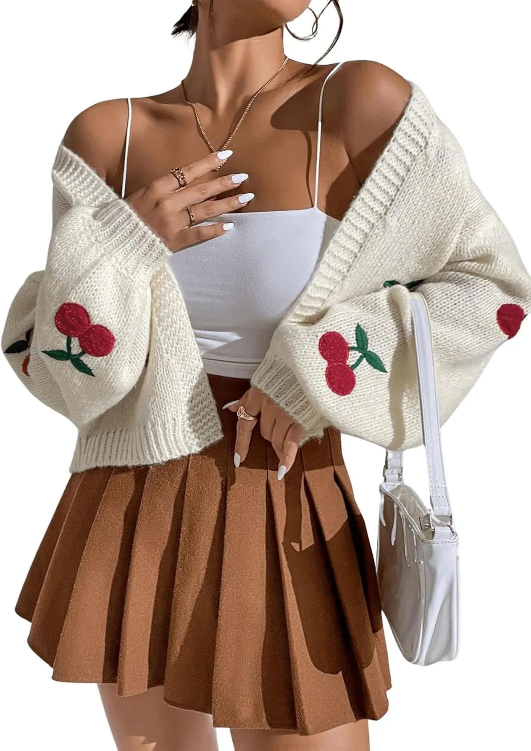 GORGLITTER Women's Graphic Cherry Cardigan Open Front Cable Knit Lantern Sleeve Cropped Cardigan Sweater