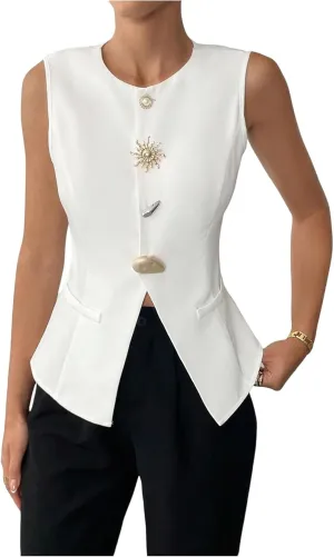 GORGLITTER Women's Metal Pearl Blazer Vest Dressy Sleeveless Fashion Vests Top Business Casual Work Tops