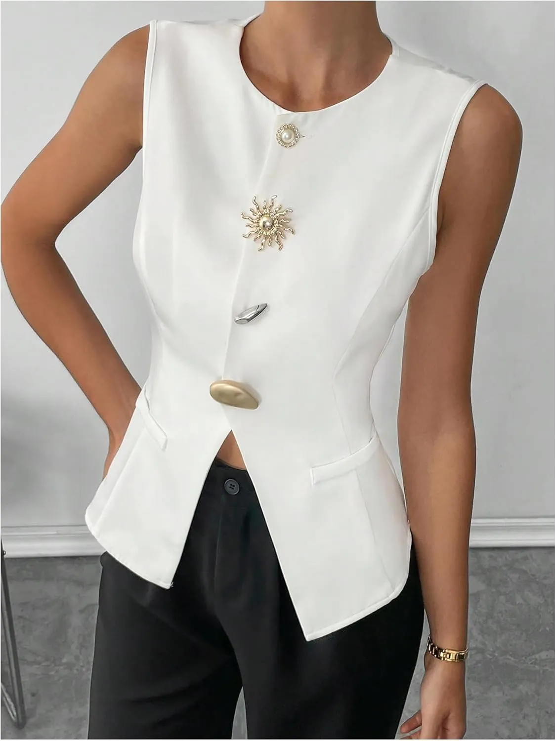 GORGLITTER Women's Metal Pearl Blazer Vest Dressy Sleeveless Fashion Vests Top Business Casual Work Tops