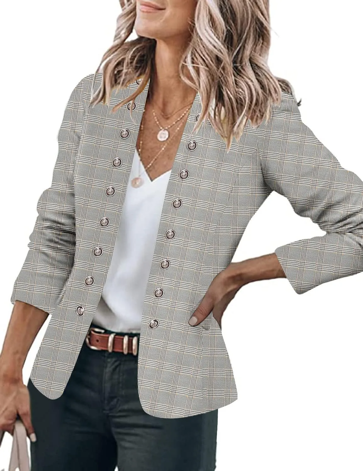GRAPENT Women's Business Casual Buttons Pockets Open Front Blazer Suit Cardigan