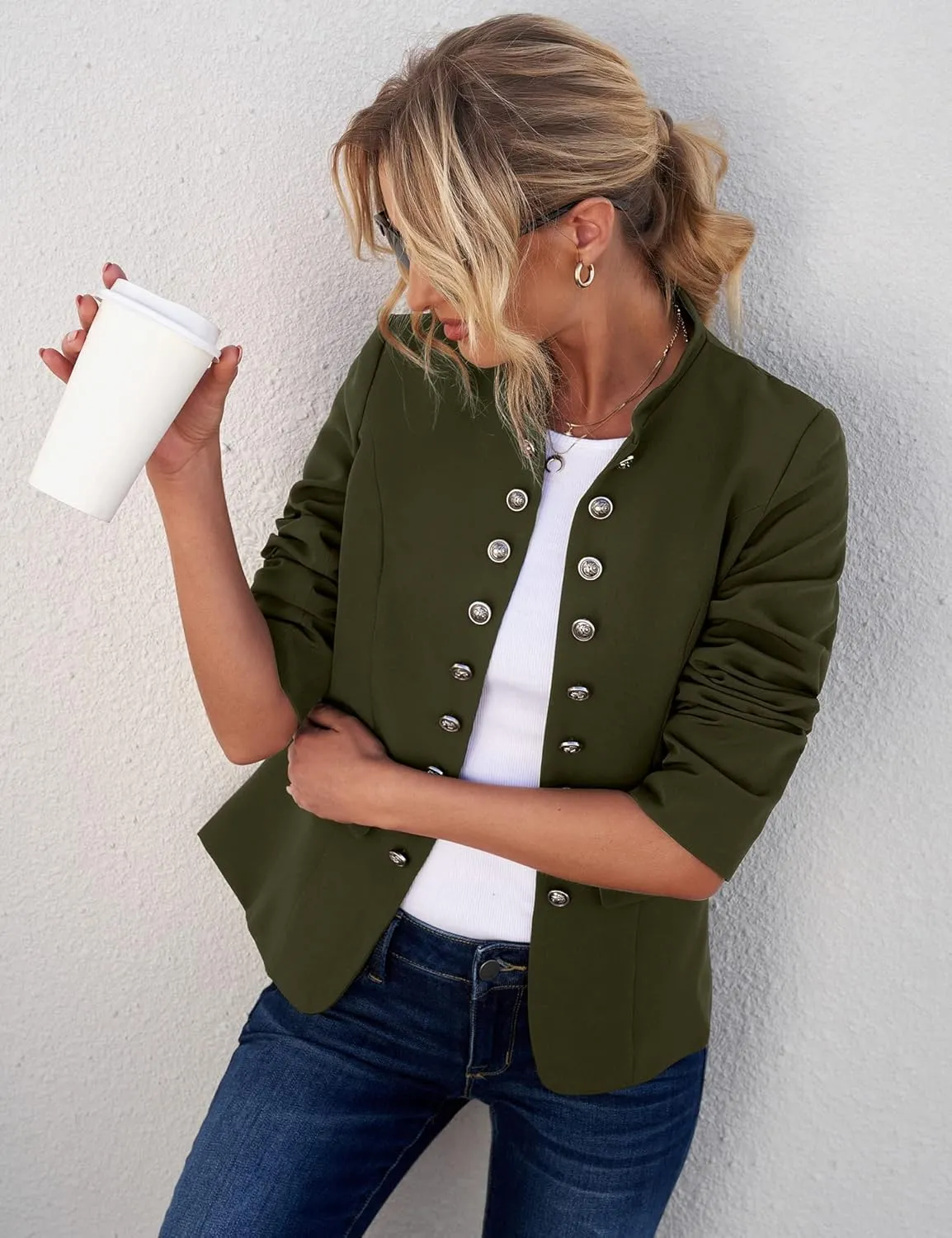 GRAPENT Women's Business Casual Buttons Pockets Open Front Blazer Suit Cardigan