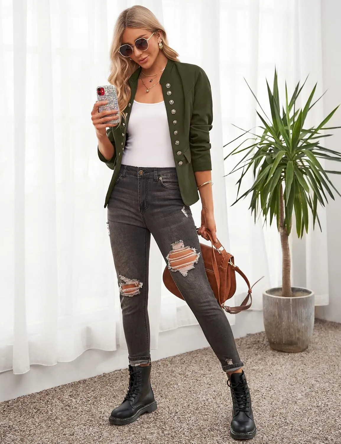 GRAPENT Women's Business Casual Buttons Pockets Open Front Blazer Suit Cardigan