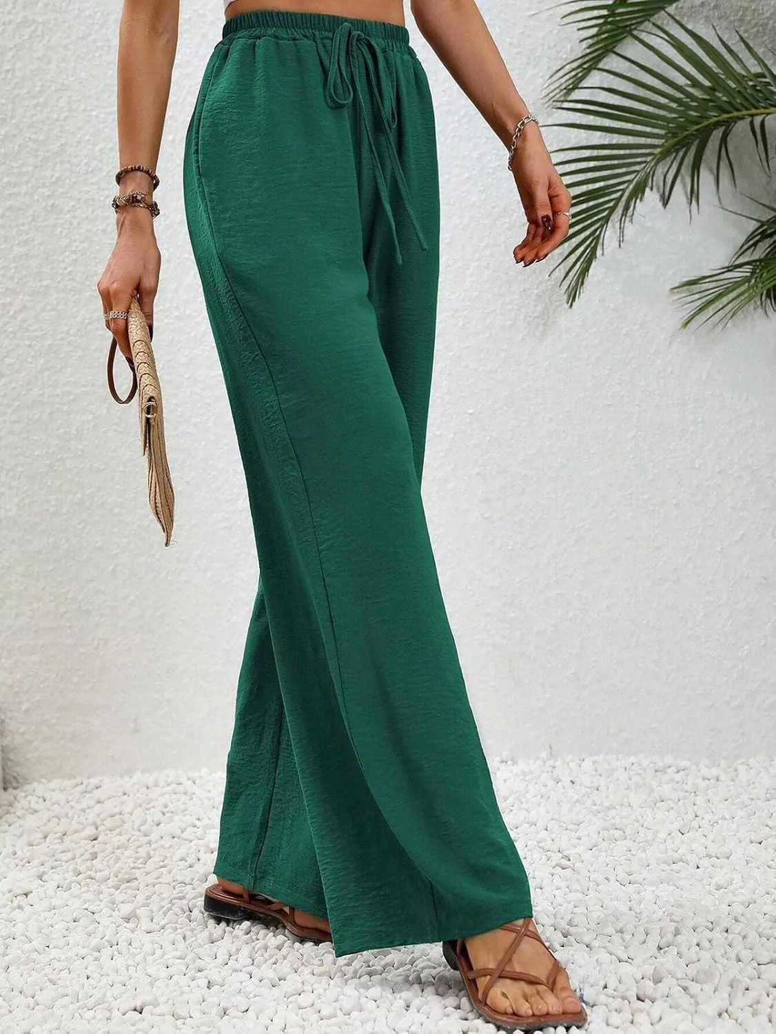 GUOLEZEEV Women Wide Leg Pants High Waisted Beach Pants Long Culottes Trendy Flowy Pants with Pockets