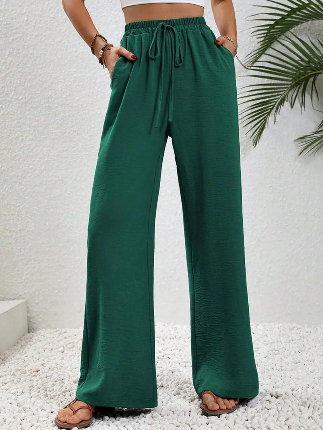 GUOLEZEEV Women Wide Leg Pants High Waisted Beach Pants Long Culottes Trendy Flowy Pants with Pockets
