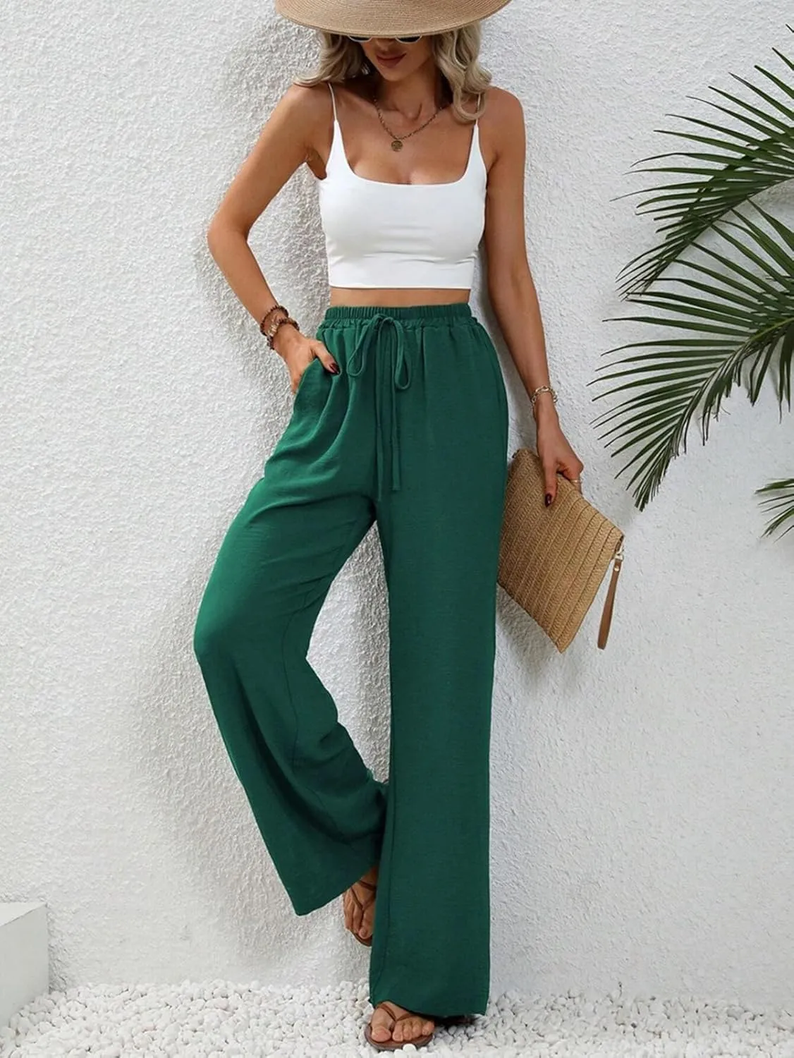GUOLEZEEV Women Wide Leg Pants High Waisted Beach Pants Long Culottes Trendy Flowy Pants with Pockets
