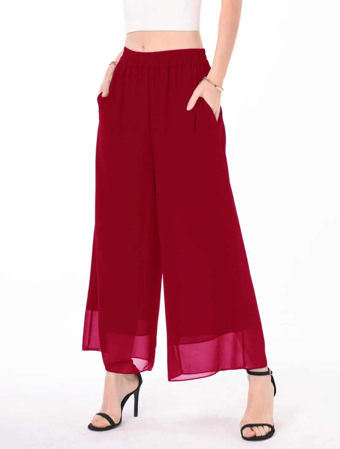 heipeiwa Women's Capris Crop Chiffon Pants Summer Beach Vacation Culottes Casual Dress Wide Leg Palazzo Pants