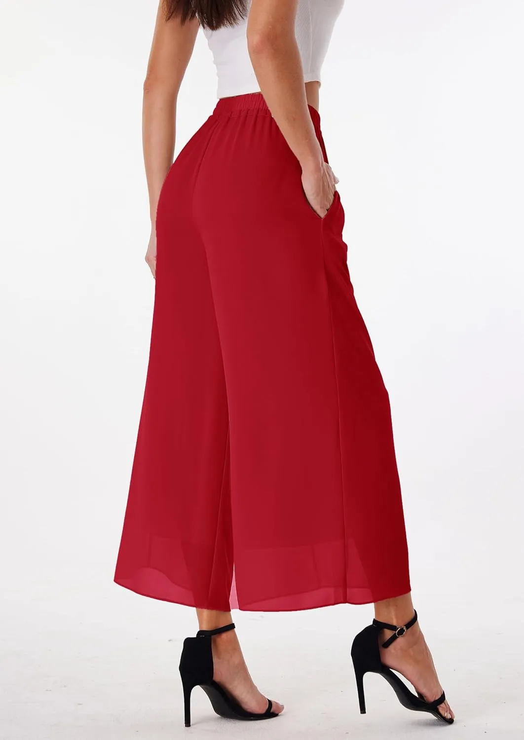 heipeiwa Women's Capris Crop Chiffon Pants Summer Beach Vacation Culottes Casual Dress Wide Leg Palazzo Pants