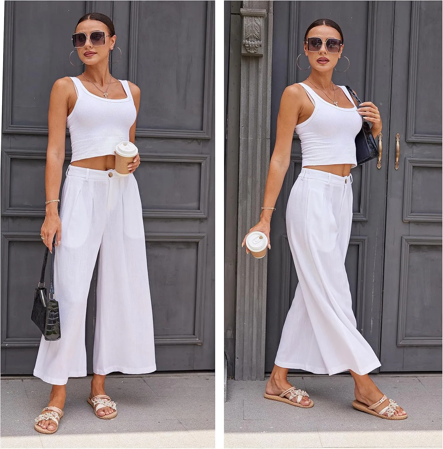 heipeiwa Women's Summer Capris Cotton Linen Pants Wide Leg Palazzo Culottes Pants Linen Casual Dress Flowy Pant