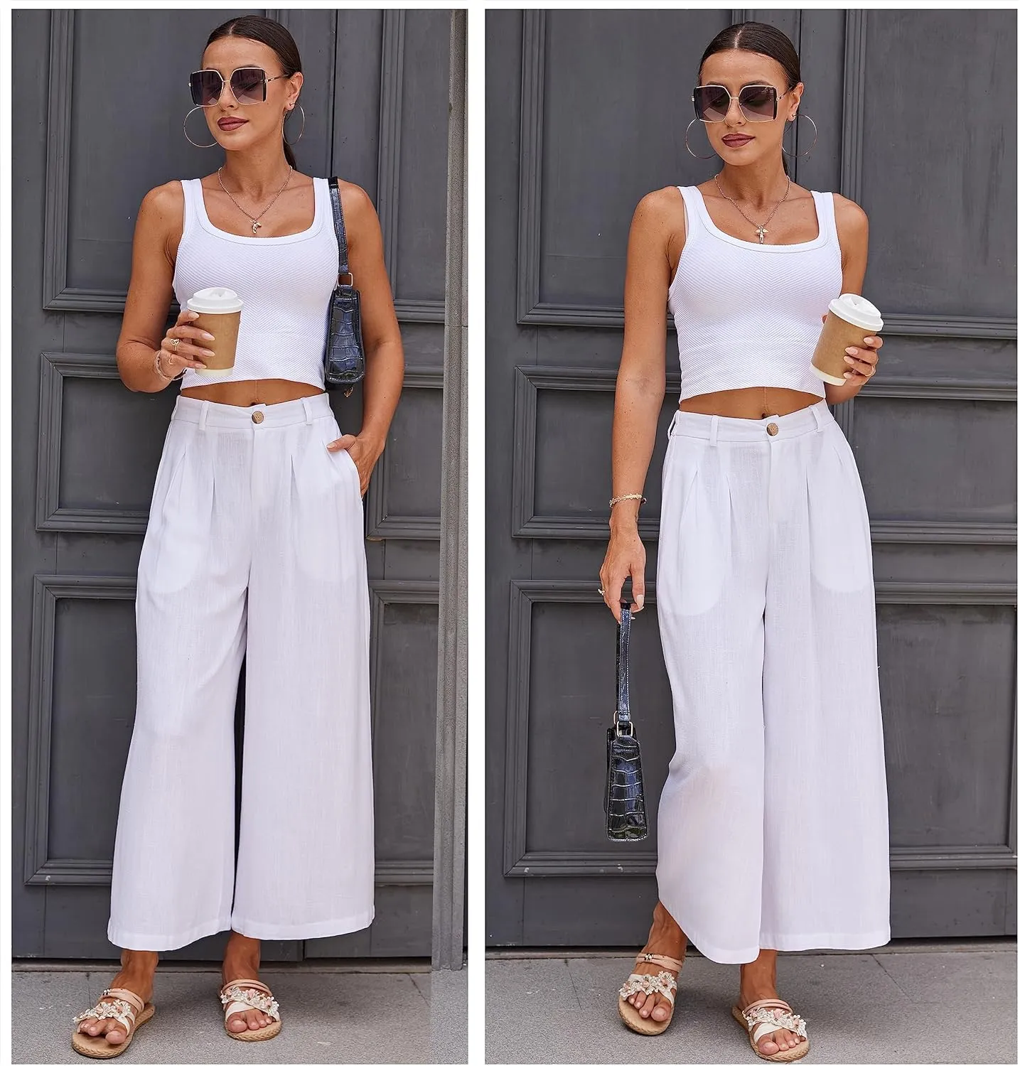 heipeiwa Women's Summer Capris Cotton Linen Pants Wide Leg Palazzo Culottes Pants Linen Casual Dress Flowy Pant