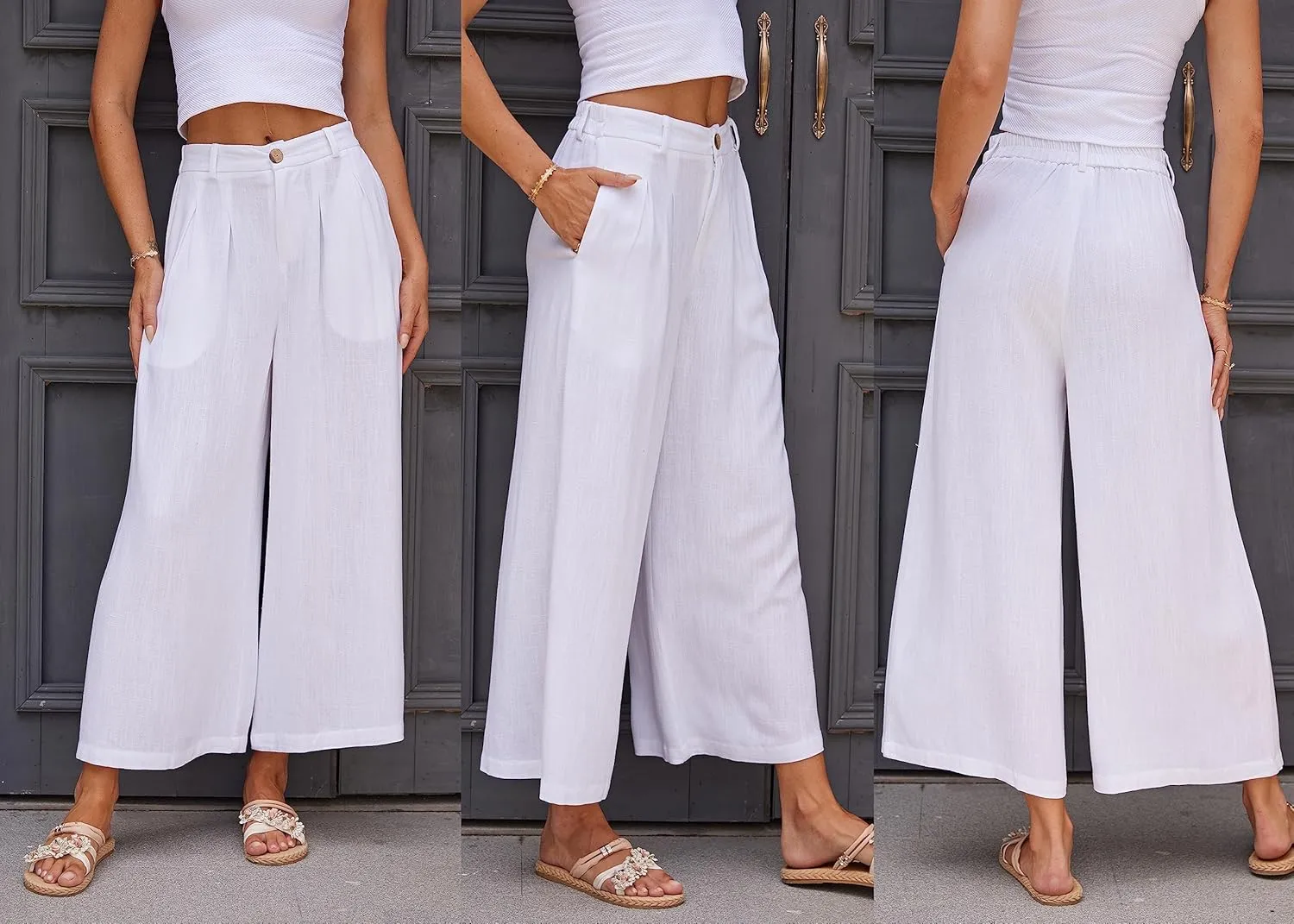 heipeiwa Women's Summer Capris Cotton Linen Pants Wide Leg Palazzo Culottes Pants Linen Casual Dress Flowy Pant