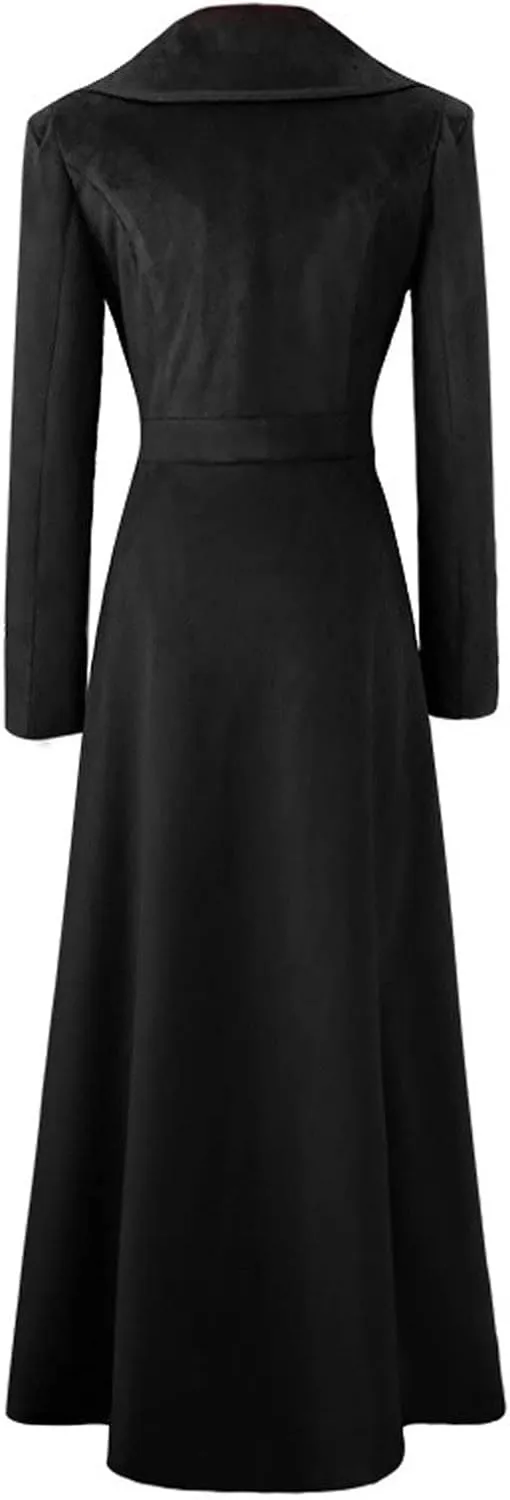 HGps8w Women Vintage Velvet Trench Coat Double Breasted Swing Dress Jacket Winter Warm Long Overcoat Windbreaker