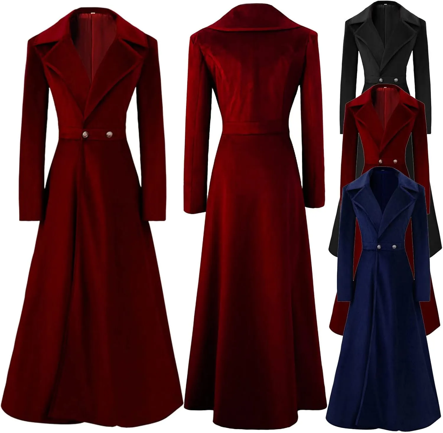 HGps8w Women Vintage Velvet Trench Coat Double Breasted Swing Dress Jacket Winter Warm Long Overcoat Windbreaker