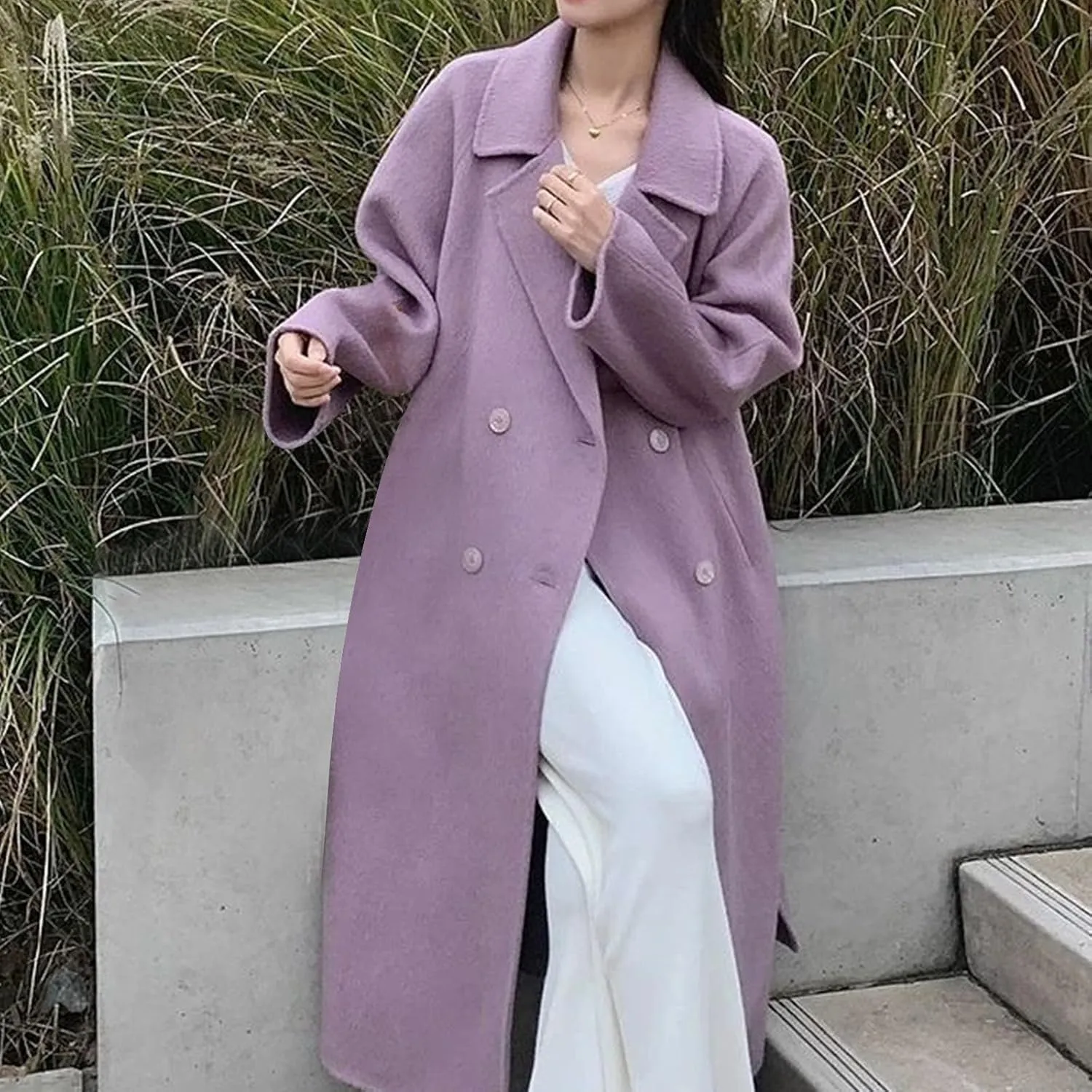 HGps8w Women's Double Breasted Woolen Trench Coat Dressy Oversized Notched Lapel Winter Long Wool Blend Pea Coats