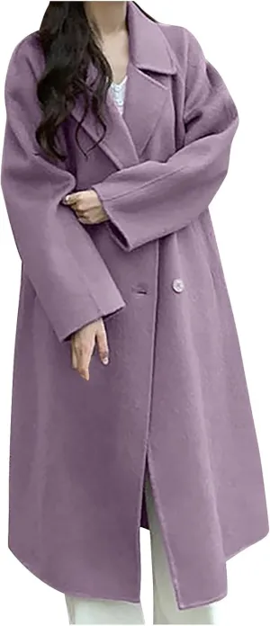 HGps8w Women's Double Breasted Woolen Trench Coat Dressy Oversized Notched Lapel Winter Long Wool Blend Pea Coats