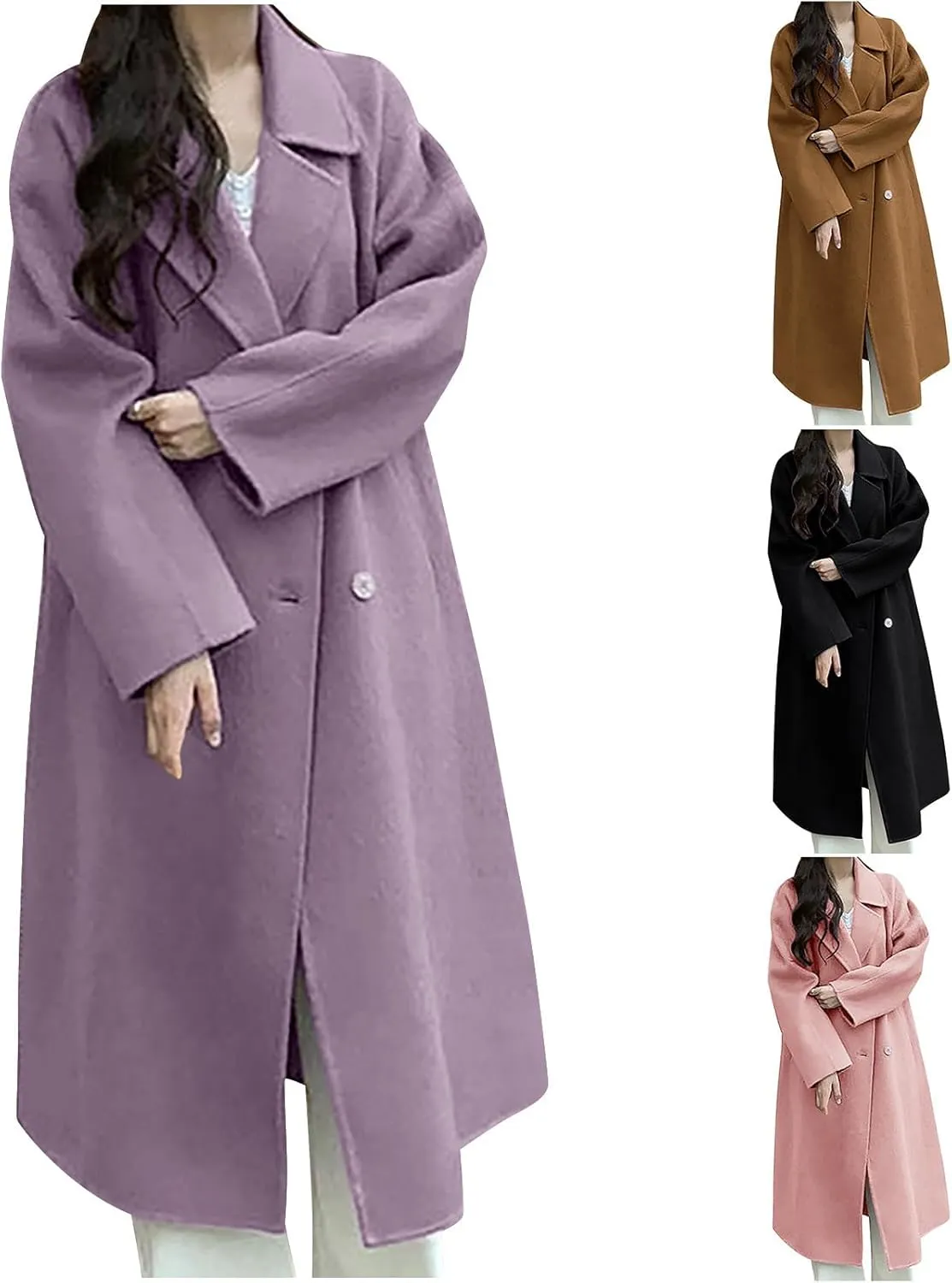 HGps8w Women's Double Breasted Woolen Trench Coat Dressy Oversized Notched Lapel Winter Long Wool Blend Pea Coats