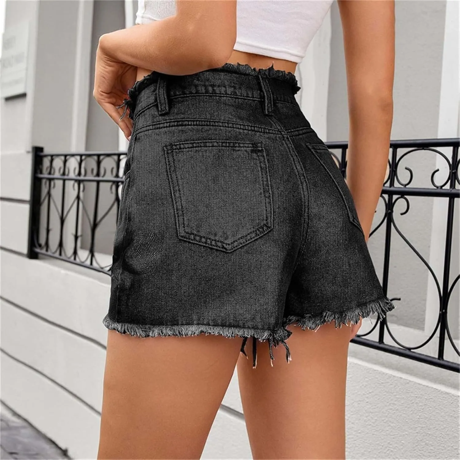 HGps8w Women's Raw Hem Rippe High Waisted Jean Shorts Trendy Casual 2025 Summer Stretchy Distressed Denim Shorts with Pockets